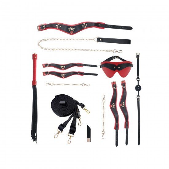 Milan Collection - Carteira com Kit - Preto/Vermelho O Milan Collection Kit da Ouch! vem em uma bolsa linda, com um visual iridescente de alta qualidade em seu hardware, e inclui uma coleira e guia, um conjunto de algemas e um conjunto de algemas de tornozelo, uma venda, u