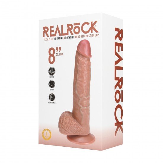 Realista com Vibração e Rotação - 8 / 20,5 cm - Tan Divirta-se ao máximo com este dildo vibratório firme e macio ao toque, da RealRock®. Suas veias realistas de aparência natural no eixo, combinadas com o tamanho certo e design semelhante à pele, dão a você estimulação ex