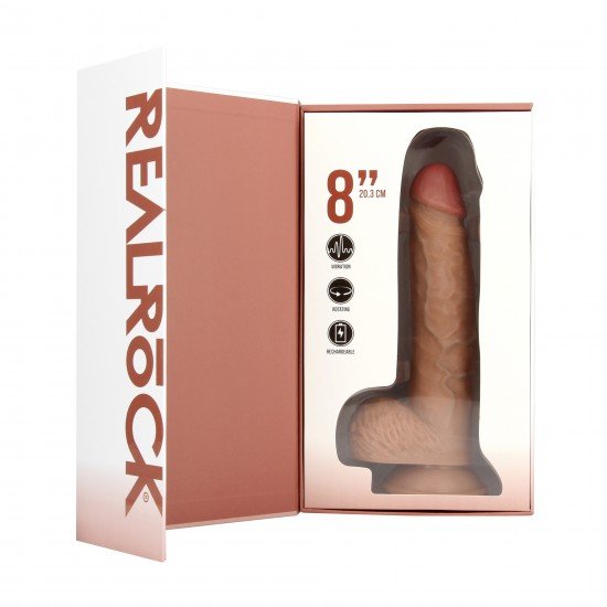 Realista com Vibração e Rotação - 8 / 20,5 cm - Tan Divirta-se ao máximo com este dildo vibratório firme e macio ao toque, da RealRock®. Suas veias realistas de aparência natural no eixo, combinadas com o tamanho certo e design semelhante à pele, dão a você estimulação ex