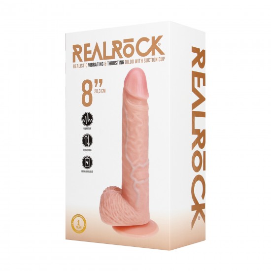 Realista com Vibração e Thrusting - 8 / 20,5 cm - Flesh Divirta-se ao máximo com este dildo vibratório firme e macio ao toque, da RealRock®. Suas veias realistas de aparência natural no eixo, combinadas com o tamanho certo e design semelhante à pele, dão a você estimulação ex