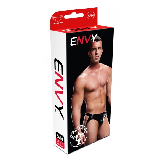 Se você busca a sensualidade do couro preto, mas o conforto de algo que pode usar o dia todo, então esta jockstrap é perfeita. Feita de lycra brilhante e com um corte baixo nos quadris, esta peça visualmente deslumbrante