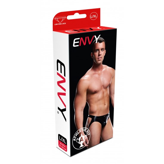 Se você busca a sensualidade do couro preto, mas o conforto de algo que pode usar o dia todo, então esta jockstrap é perfeita. Feita de lycra brilhante e com um corte baixo nos quadris, esta peça visualmente deslumbrante