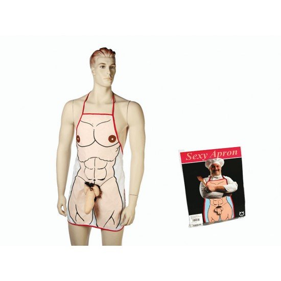Agora ninguém vai conseguir parar de rir.Divertido avental com a imagem de um torso masculino e com um pénis de peluche.