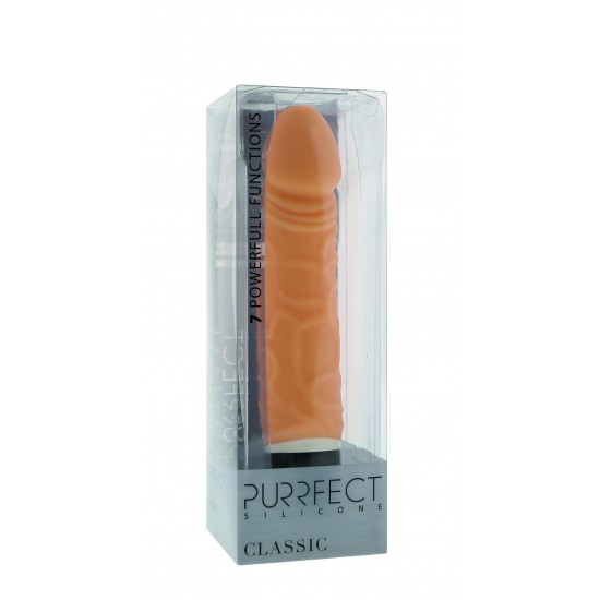 Vibrador Purfect Silicone 6.5 Vibrador 100% de silicone com formato de pénis com veias e contornos. Produto flexível e suave, bastante agradável ao toque. Tem um total de 7 níveis diferentes de vibração (três velocidades pulsantes, uma velocidade de