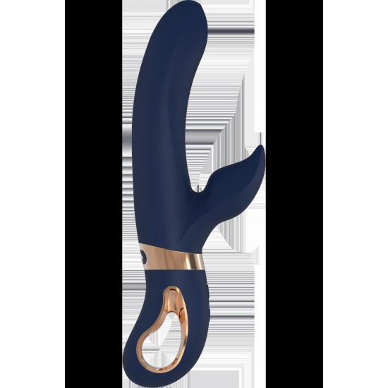 Atropos é feito de silicone azul escuro com detalhes dourados. O elegante vibrador duo tem uma alça em forma de anel com revestimento de metal que facilita o manuseio e parece luxuoso. Feito de Silicone Líquido, este vib