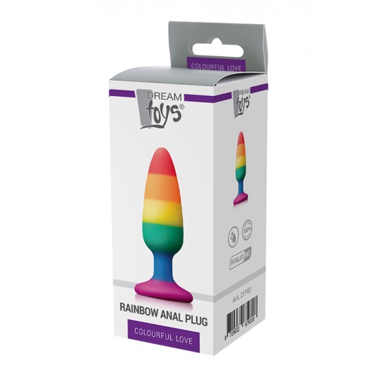 Plug anal  colorido Love Anal feito de silicone líquido, Macio e livre de ftalatos, com cores do arco-íris Pride e uma base de ventosa que adere firmemente a qualquer superfície plana e lisa. Plug anal feito de sil