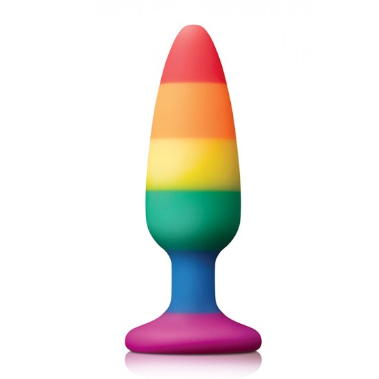 Plug anal  colorido Love Anal feito de silicone líquido, Macio e livre de ftalatos, com cores do arco-íris Pride e uma base de ventosa que adere firmemente a qualquer superfície plana e lisa. Plug anal feito de sil