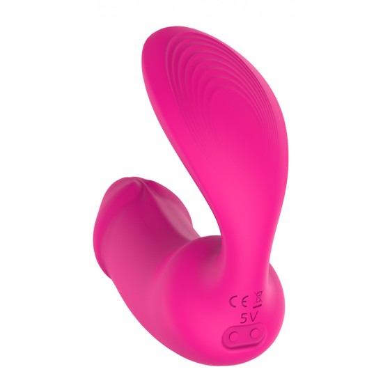 Estimulador remoto Duo Pleaser VIBES OF LOVE Com formato de pênis para desfrutar na vagina e um estimulador de clitóris acoplado com as curvas certas para tocar o clitóris e transferir as vibrações. Os 9 padrões de vibração diferentes estão espalhados por todo o br