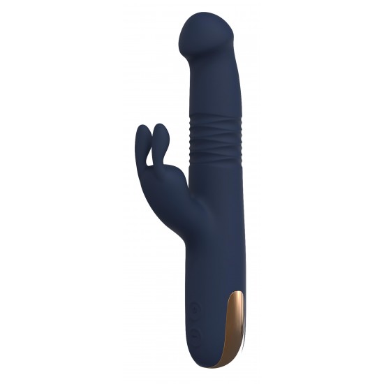 Vibrador duplo Phaedra com função de rotação para cima e para baixo. Seguindo o mesmo estilo dos outros brinquedos da Goddess Collection, o Phaedra é feito de silicone azul-escuro com detalhes dourados. O vibrador da God