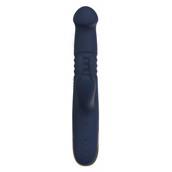 Vibrador duplo Phaedra com função de rotação para cima e para baixo. Seguindo o mesmo estilo dos outros brinquedos da Goddess Collection, o Phaedra é feito de silicone azul-escuro com detalhes dourados. O vibrador da God