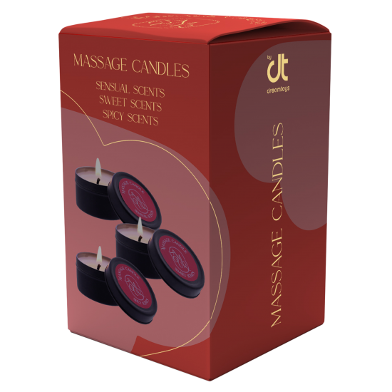 AMOUR Velas de Massagem 3 Aromas Conjunto de 3 velas de massagem com fragrâncias doces, picantes e sensuais. Queime uma vela para derreter a cera e use-a como óleo de massagem no seu parceiro para momentos românticos. Descubra as Velas de Massagem
