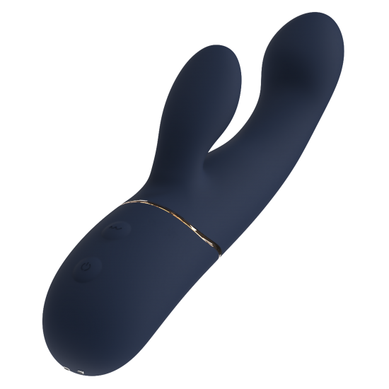 Vibrador duplo Hestia, com função de aceno. Seguindo o mesmo estilo dos outros brinquedos da Goddess Collection, o vibrador Hestia é feito de silicone azul-escuro com detalhes dourados. O vibrador duplo da Goddess Collec