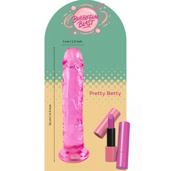 Pretty Betty, da coleção Bubblegum Blast, é uma adição colorida e divertida a qualquer sortimento de produtos adultos. Medindo 16 cm, este dildo semitransparente é feito de TPE macio com um tom rosa vibrante que se