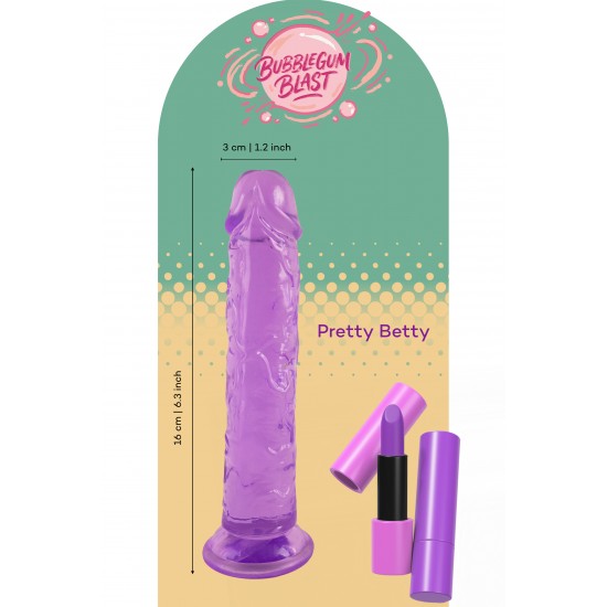 Pretty Betty, da coleção Bubblegum Blast, é uma adição colorida e divertida a qualquer sortimento de produtos adultos. Medindo 16 cm, este dildo semitransparente é feito de TPE macio com um tom roxo vibrante que se desta