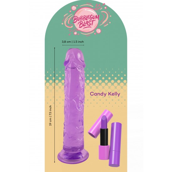 Candy Kelly, da coleção Bubblegum Blast, é uma adição colorida e divertida a qualquer sortimento de produtos adultos. Com 19 cm, este dildo semitransparente é feito de TPE macio com um tom roxo vibrante que se destaca im