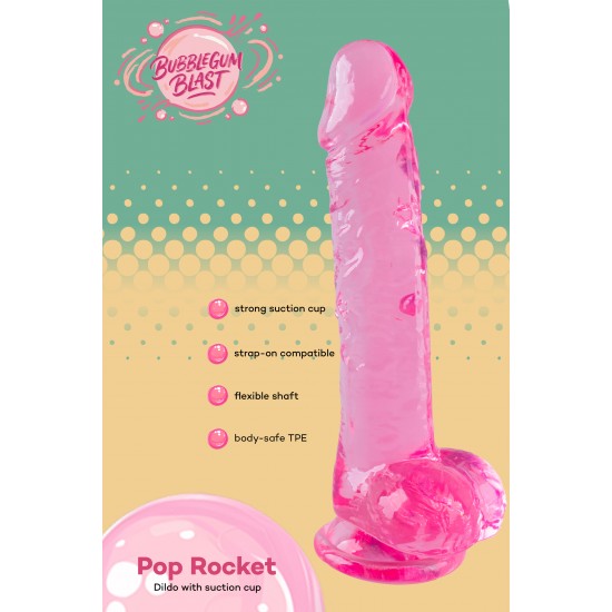 O Pop Rocket da coleção Bubblegum Blast é uma adição colorida e divertida a qualquer sortimento de produtos adultos. Medindo 17 cm, este dildo semitransparente é feito de TPE macio com um tom rosa vibrante que se destaca