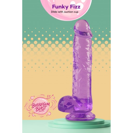 O Funky Fizz da coleção Bubblegum Blast é uma adição colorida e divertida a qualquer sortimento de produtos adultos. Medindo 19 cm, este dildo semitransparente é feito de TPE macio com um tom roxo vibrante que se destaca