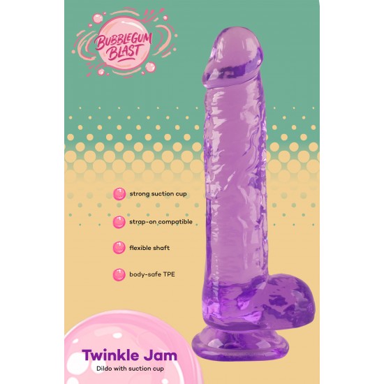 O Twinkle Jam da coleção Bubblegum Blast é uma adição colorida e divertida a qualquer sortimento de produtos adultos. Medindo 22 cm, este dildo semitransparente é feito de TPE macio com um tom roxo vibrante que se destac