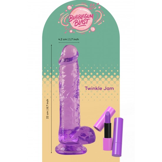 O Twinkle Jam da coleção Bubblegum Blast é uma adição colorida e divertida a qualquer sortimento de produtos adultos. Medindo 22 cm, este dildo semitransparente é feito de TPE macio com um tom roxo vibrante que se destac