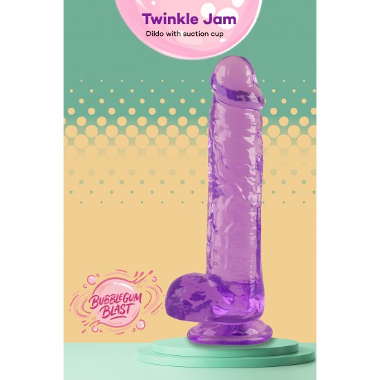 O Twinkle Jam da coleção Bubblegum Blast é uma adição colorida e divertida a qualquer sortimento de produtos adultos. Medindo 22 cm, este dildo semitransparente é feito de TPE macio com um tom roxo vibrante que se destac