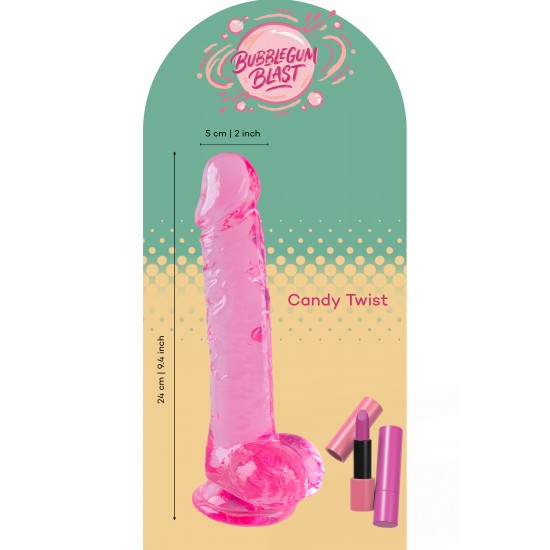 O Candy Twist da coleção Bubblegum Blast é uma adição colorida e divertida a qualquer sortimento de produtos adultos. Medindo 24 cm, este dildo semitransparente é feito de TPE macio com um tom rosa vibrante que se destac