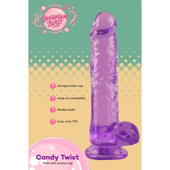 O Candy Twist da coleção Bubblegum Blast é uma adição colorida e divertida a qualquer sortimento de produtos adultos. Medindo 24 cm, este dldo semitransparente é feito de TPE macio com um tom roxo vibrante que se destaca