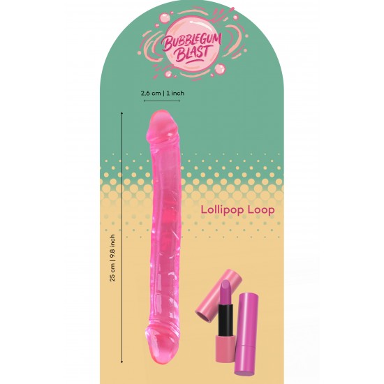O Lollipop Loop da coleção Bubblegum Blast é uma adição colorida e divertida para qualquer sortimento de produtos adultos. Medindo 25 cm, este dildo duplo semitransparente é feito de TPE macio com um tom rosa vibrante qu