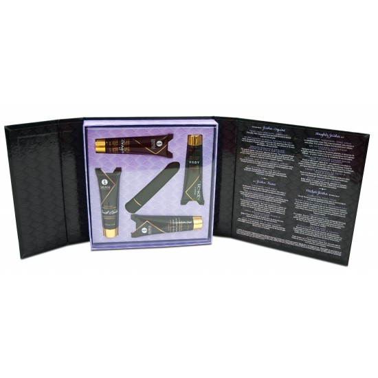 KIT NAUGHTY GEISHA COLLECTION SHUNGA Esta coleção de produtos em miniatura irá ajudá-lo a explorar e quebrar todos os tabus. Nada supera o desejo de descobrir a luxúria da carne sozinho ou com seu amante. Contém: Toko Aqua, lubrificante pessoal, 10 ml.