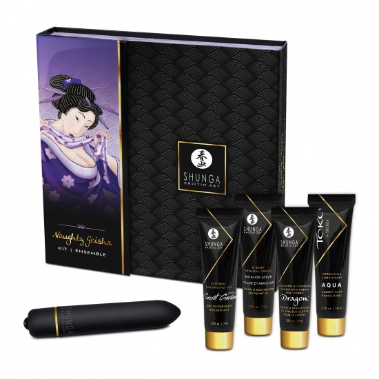 KIT NAUGHTY GEISHA COLLECTION SHUNGA Esta coleção de produtos em miniatura irá ajudá-lo a explorar e quebrar todos os tabus. Nada supera o desejo de descobrir a luxúria da carne sozinho ou com seu amante. Contém: Toko Aqua, lubrificante pessoal, 10 ml.