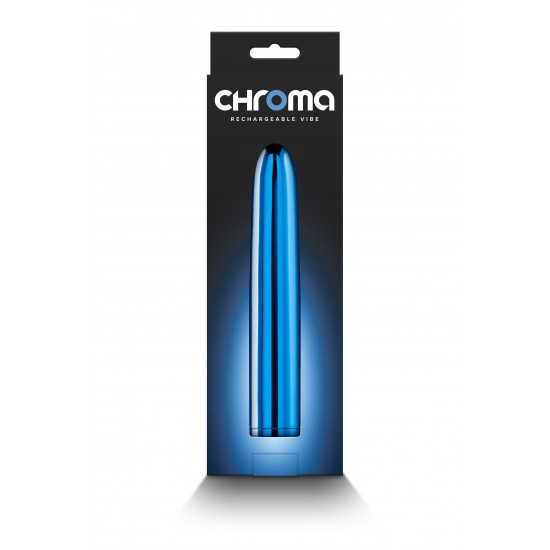 VIBRADOR CHROMA BLUE Construído em plástico ABS premium, o clássico vibrador de 7” da Chroma é reimaginado como uma maravilha recarregável. Elegante e poderoso, a intensidade do Chroma é facilmente controlada e possui várias velocidades