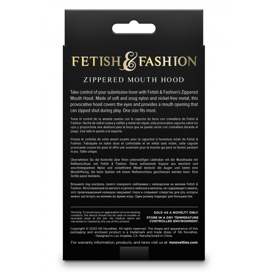 Assuma o controle do seu amante submisso com o Capuz com Zíper para Boca da Fetish & Fashion. Feito de nylon macio e confortável e metal sem níquel, este capuz provocante cobre os olhos e oferece uma abertura para a