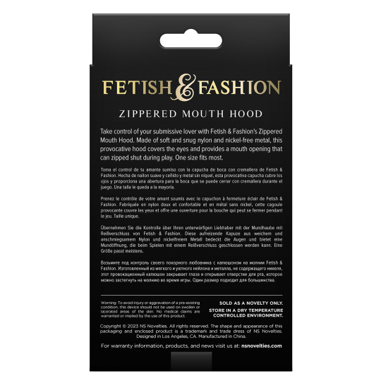 Assuma o controle do seu amante submisso com o Capuz com Zíper para Boca da Fetish & Fashion. Feito de nylon macio e confortável e metal sem níquel, este capuz provocante cobre os olhos e oferece uma abertura para a