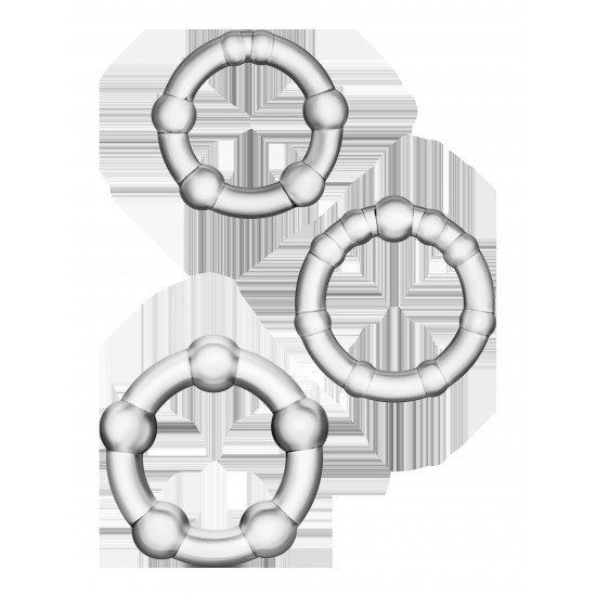 Delicie-se a si e à sua cara metade!Conjunto de 3 anéis de tamanhos diferentes para o pénis e testículos.Em material elástico e flexível que serve a qualquer tamanho. Pode utilizar individualmente cada um deles ou em con