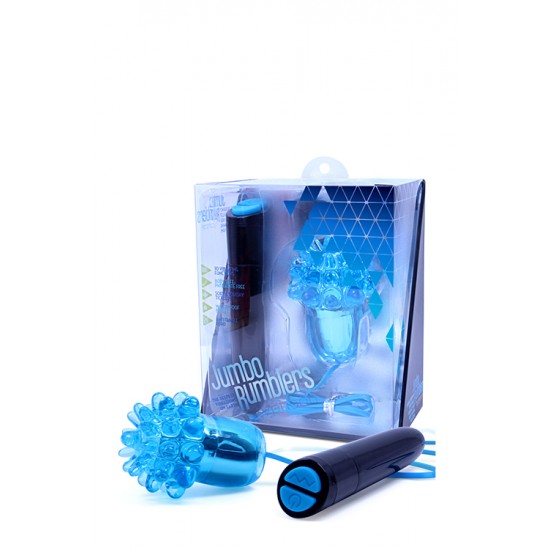 Ovo Vibratório com Capa e Comando Jumbo Rumblers Typhoon Azul Ovo vibratório com comando com 10 funções de vibração diferentes, 5 velocidades e 5 padrões. Envolvido por uma capa confortável e suave com saliências para lhe proporcionar uma gama de sensações únicas.O comando permite-