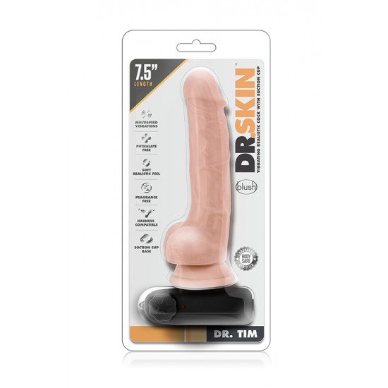 Vibrador Realista c/ Comando Dr. Skin Dr Tim 14cm Pele Seja um bom anfitrião e receba de braços abertos o Dr. Skin em sua casa!Vibrador realista com cabeça e corpo proeminente. Com forte base de sucção para brincadeiras "mãos livres" e comando de controlo para navegar entre