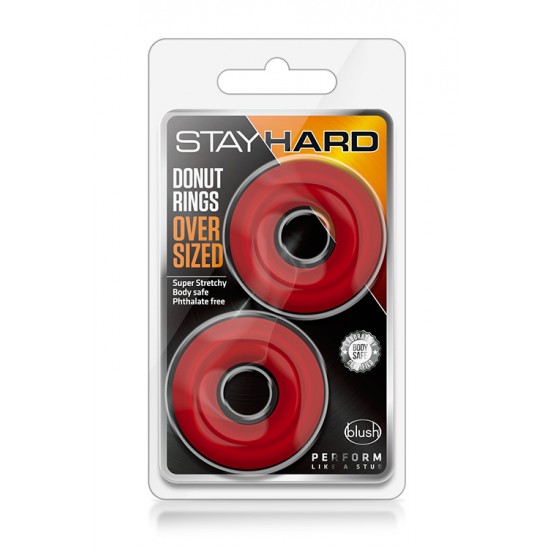 Conjunto 2 Anéis p/ Pénis Stay Hard Donut Oversized Vermelho Os anéis para pénis Stay Hard Donut Oversized podem ser utilizados no pénis e/ou testículos e são feitos a partir do seu material favorito, super flexível e seguro para o corpo, TPE. 20% mais grossos que os clássicos ané