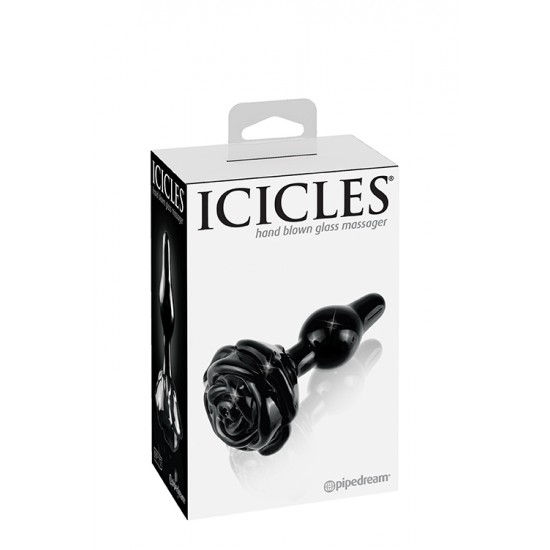 Plug Anal Vidro Icicles No77 6cm Preto Plug anal de vidro, elegante e feito à mão.Único, artesanal e super suave, possui uma cabeça cónica e um corpo esbelto bolboso. Com a base em forma de uma linda rosa.Coloque o estimulador sobre vapor, água morna ou fria