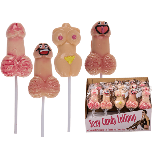 Chupa com formas eróticas de pénis e corpo de mulher, para tornar as suas festas ou trocas de prendas ainda mais divertidas.