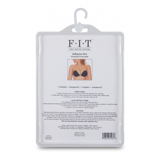 Sutiã de silicone adesivo FIT (Tecnologia de Melhoramento da Figura) com bojo A, B, C ou D, preto, lavável e reutilizável. Aplicável para:  Sem encostoDecote profundoSem alçasÀ prova de suor Instruções: Pele li