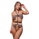 Body de alcinha com abertura na virilha em tule bordado e cintura elástica ajustável.Composição:55% poliéster, 45% nylon.