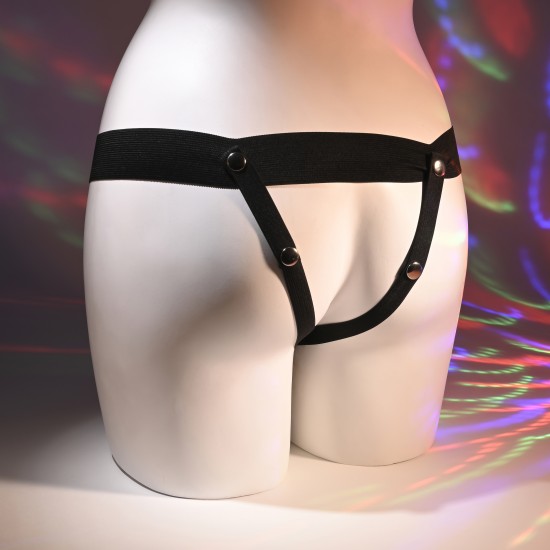 Este dildo oco com tiras para vestir possui uma haste macia e sedosa com uma cabeça cônica e é removível para limpeza. As tiras do arnês são elásticas na cintura e nas pernas, com tiras para as pernas totalmente ajustáve