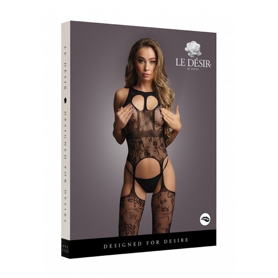 Lace suspender bodystocking with round neck - Black - O/S Lace suspender bodystocking with round neck - Black - O/S