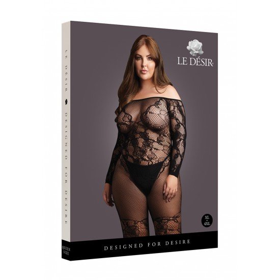 Bodystocking deslumbrante com manga longa, ombros de fora e abertura na virilha. Rede de pesco e renda que contornam corpo. O tecido macio e super elástico adapta-se aos tamanhos XL a 4XL. EspecificaçõesTanga não incluíd