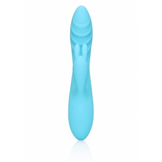 Este vibrador colorido de coelho de silicone ultramacio com nervuras azul claro foi projetado para estimulação simultânea do clitóris e do ponto G, criando orgasmos combinados. Descubra infinitos momentos de alegria e su