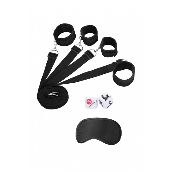 Kit Algemas Pulsos e Tornozelos Cama Under The Bed Ouch! Preto Viva aventuras excitantes com a sua cara metade. Conjunto de algemas para mãos e pés, ligadas a uma fita de passa sob o colchão para que o seu amante não saia do lugar. Simplesmente deslize as tiras sob a parte inferior