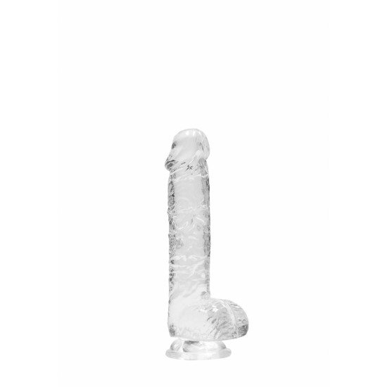 Dildo realistico com testiculos 15cm Transparente - RealRock Este modelo REALROCK CRYSTAL CLEAR foi projetado com bolas realistas para uma experiência realística aprimorada. Todos vêm com uma ventosa resistente para que você possa colá-los em praticamente qualquer superfície lisa.