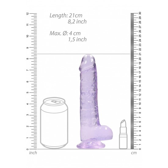 Dildo realistico com testiculos 20cm Lilas - RealRock Este modelo REALROCK CRYSTAL CLEAR foi projetado com bolas realistas para uma experiência realística aprimorada. Todos vêm com uma ventosa resistente para que você possa colá-los em praticamente qualquer superfície lisa.