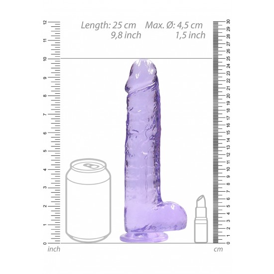Dildo realistico com testiculos 23cm Lilas - RealRock Este modelo REALROCK CRYSTAL CLEAR foi projetado com bolas realistas para uma experiência realística aprimorada. Todos vêm com uma ventosa resistente para que você possa colá-los em praticamente qualquer superfície