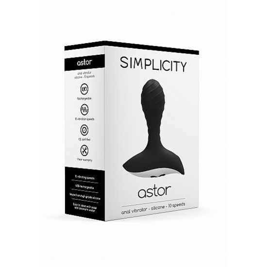 Vibrador Anal Astor 12cm Simplicity Preto Se já se rendeu ao prazer anal este estimulador com vibração não pode faltar na sua colecção.De desenho ergonómico vem equipado com 10 velocidades diferentes, bateria recarregável via USB e toque aveludado para um ma