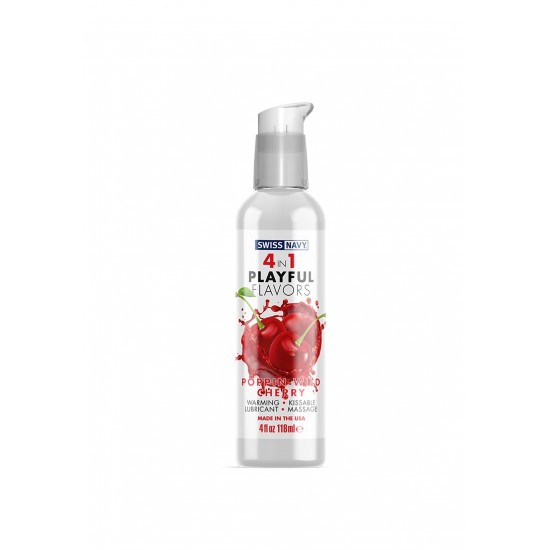Lubrificante 4 em 1 Cereja - 118ml - Swiss Navy Lubrificante à base da água com sabor a Cereja. Pode ser utilizado como lubrificante e gel de massagem, além de ter efeito estimulante quente e um delicioso sabor realista a cereja. Os sabores da Swiss Navy são tão reais